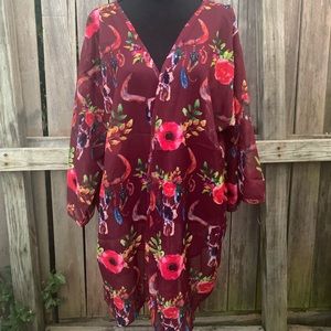 Maroon sheer kimono with skull print